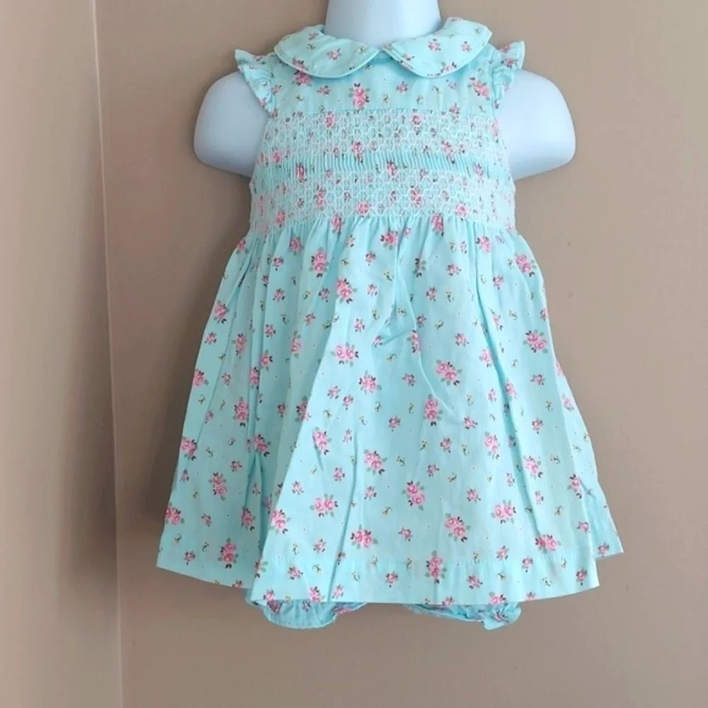 Laura Ashley Turquoise Blue Floral Smocked Tieback Dress with bloomers- sz 9 mos